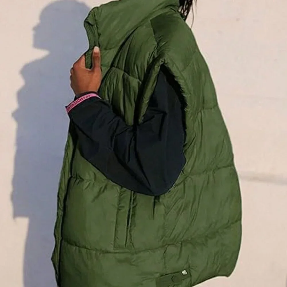 Army Green Casual Women's stand collar Sleeveless Quilted Puffer Vest Jacket